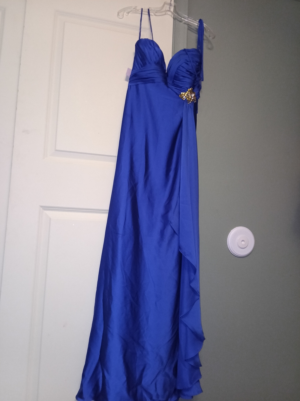 Strapless Royal Blue Evening Gown with Embellished Waist